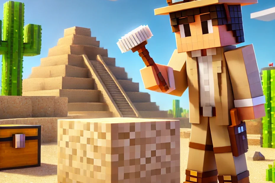 An adventurer character in Minecraft holding a brush, standing near an archeology site with a pyramid in the background.