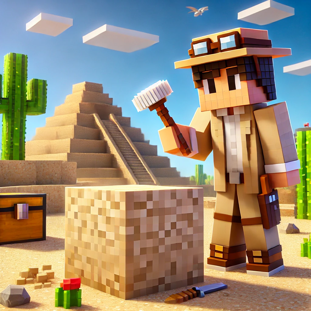 An adventurer character in Minecraft holding a brush, standing near an archeology site with a pyramid in the background.