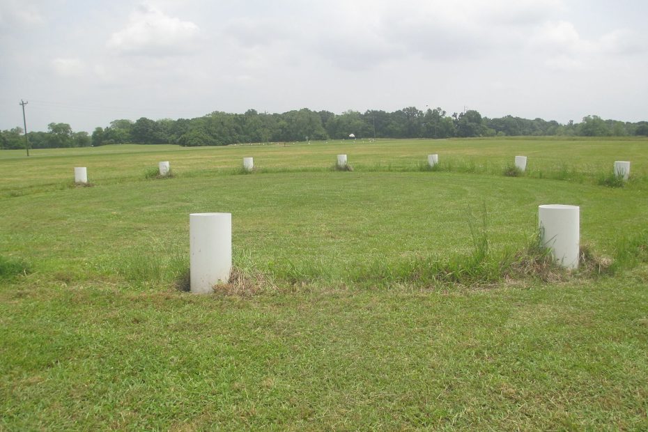 Timber rings at Poverty Point marked by white pillars, discovered through ground-penetrating radar (GPR)
