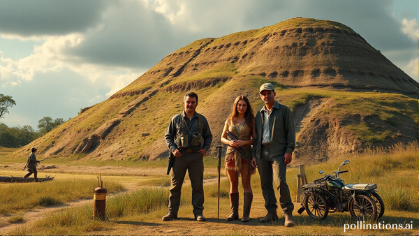 Three archaeologists posing in front of an ancient mound with excavation tools and a motorbike nearby under a cloudy sky.