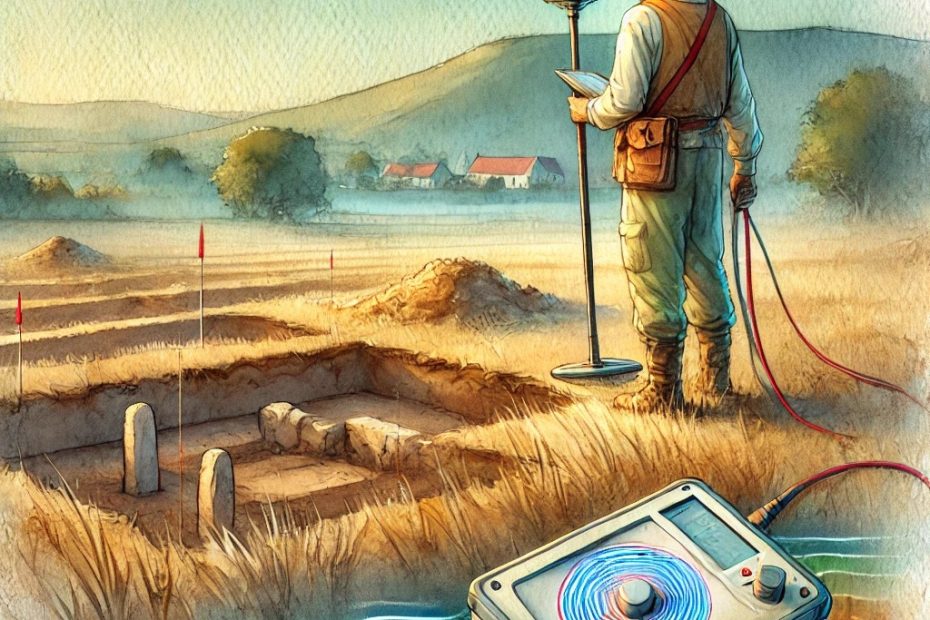 A watercolor-style illustration of an archaeologist using magnetometry to survey an archaeological site. The archaeologist is holding the magnetometer device, walking across a grassy field with ancient earthworks in the background.
