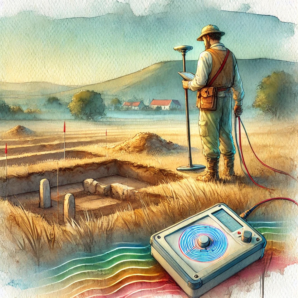 A watercolor-style illustration of an archaeologist using magnetometry to survey an archaeological site. The archaeologist is holding the magnetometer device, walking across a grassy field with ancient earthworks in the background.
