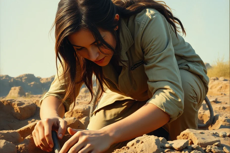 Female archaeologist carefully excavating artifacts in the desert