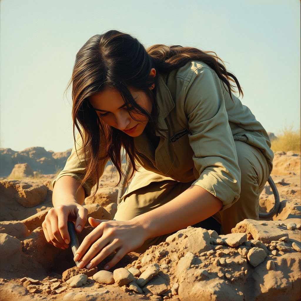Female archaeologist carefully excavating artifacts in the desert
